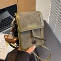 Vertical olive green and grey patchwork crossbody phone bag with a cute bear pendant - Green With Bear Charm