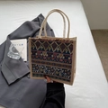 Ethnic style woven tote bag with geometric floral patterns and sturdy white rope handles - Blue Zipper Style Without Pendant