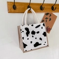 Cute canvas tote bag with black and white cow print and braided rope handles - White Cow Pattern With Zipper