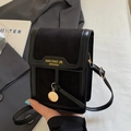 Minimalist black faux leather crossbody phone bag with gold hardware and strap - Black without Pendant