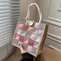Bolso de lona a cuadros con botón de madera y asa de cuerda de algodón - Rojo