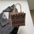 Ethnic pattern jute tote bag with cotton rope handles and vintage geometric embroidery - Brown Zipper Style Without Charm