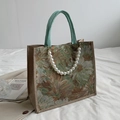 Floral jacquard tote bag with pearl chain and mint green handles in vintage style - Green Large
