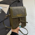 Olive green minimalist crossbody phone bag with gold lettering and silver charm detail - Green Without Pendant