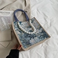 Bolso tote de jacquard azul con asa de perlas y correas tejidas moradas para uso diario - Azul Pequeño