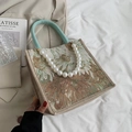 Bolso tote floral artístico con asas trenzadas verdes y cadena de perlas decorativa - Verde Pequeño