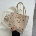 Borsa termica in pizzo rosa con fiori e manici intrecciati per le donne - Verde