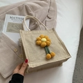 Linen lunch tote bag with yellow 3D flower and cotton rope handles in natural beige - Yellow Flower