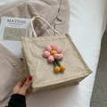 Chic beige woven lunch tote bag featuring a 3D pink floral applique and top handles - Pink Flower