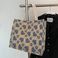 Large capacity canvas tote bag featuring navy blue heart and floral prints with rope handles - Large / Blue