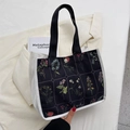Canvas draagtas met kleurrijke bloemenprints en zwarte hengsels voor dagelijks gebruik - Zwart