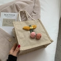 Beige linen tote bag with 3D knitted cherry charms and thick rope handles for women - Yellow Bowknot