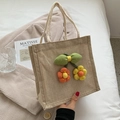 Linen tote bag with handcrafted 3D cherry floral crochet and braided handles - Green Bow