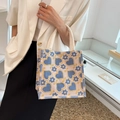 Fashionable small woven tote bag with blue heart and yellow floral pattern - Small / Blue