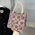 Purple floral woven canvas tote bag with heart patterns and white rope handles - Small / Purple