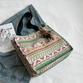 Ethnic style canvas tote bag with geometric stripes and a cute plush rabbit pendant - Rabbit Keychain / Rose Red