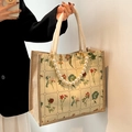 Vintage-Tragetasche aus beigem Canvas mit Perlenriemen und weißen Seilgriffen - Groß / Mit Perlenanhänger / Groß Weiß (Mit Perlenanhänger)