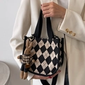 Chic argyle canvas handbag in beige and black with cute bunny charm for stylish women - Rabbit Charm Only