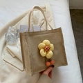 Linen tote lunch bag for women with floral decor and woven handles in light brown - Lemon Yellow