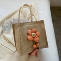 Linen lunch bag with orange 3D flower decoration and rope handles for women - Orange Red