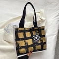 Chic yellow and black graffiti checkered canvas tote bag with a floral charm accessory - Flower Pendant / Checkered Khaki