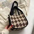 Retro canvas small square bag with brown and beige diamond pattern and black handles - Argyle Brown (Without Pendant)