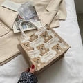 Beige jute draagtas met bruine berenprint en zachte katoenen handvatten - Wit