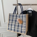 Blue and beige houndstooth tote bag with plush charms and woven handles for women - Dark Blue (With Pompom Charm)