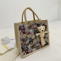 Linnen draagtas met vintage berenprint en een schattige pluche berenhanger voor dames - Beige Beren Met Lange Benen Beer Hanger