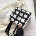 Minimalist canvas tote bag with black and white checkered pattern and top handle - No Pendant / White Grid