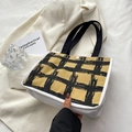 Minimalist canvas tote bag with yellow and black plaid pattern and black handles - No Pendant / Checkered Khaki