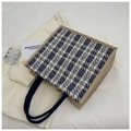 Blue and beige tweed checkered tote bag with woven rope handles and large capacity - Black (No Pendant)