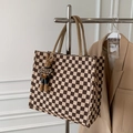 Brown checkerboard canvas tote bag with rabbit charm and durable khaki handles - Coffee with Pendant