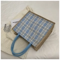 Blue and beige houndstooth tote bag with brown linen trim and woven rope handles - Sky Blue (Without Charm)