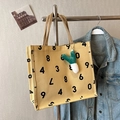 Große gelbe Canvas-Einkaufstasche mit schwarzem Zahlendruck und grünem Plüschanhänger - Mit Ornament / Khaki