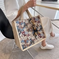 Large capacity linen tote bag with cartoon bear print and bunny charm - Beige Bears With Argyle Rabbit Pendant