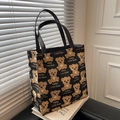 Black canvas tote bag with brown bear pattern and Happy Little Bear print - Black Large