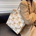 Beige canvas tote bag with brown cartoon bear and Happy Little Bear print for women - White Big