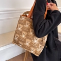 Brown canvas tote bag with all-over bear print and synthetic leather shoulder straps - Brown Large