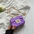 Purple quilted jelly mini bag for girls with pearl handle and golden chain strap - Purple