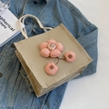 Süße beige Leinen-Lunchtasche mit 3D-Blumenapplikation und Tragegriff aus Baumwollseil - Rosa