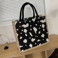 Linen tote bag with black and white cow print and woven handles for women - Black Cow Print