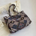 Bohemian geometric woven tote bag with fashion label and thick fabric shoulder straps - Black