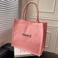 Sac fourre-tout en toile rose avec imprimé merci, grand sac à épaule élégant pour femme - Rose
