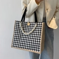 Large houndstooth canvas tote bag with pearl chain and wooden button closure - Black