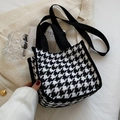 Petit sac à main pied-de-poule style japonais avec longue bandoulière pour femme - Noir sans Pendentif