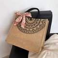Jute draagtas met zwarte mandala-opdruk en rode bloemenlint decoratie - Mandala Print Met Sjaal
