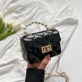 Mini black jelly bag with pearl handle, quilted pattern and gold chain strap - Black