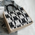 Sac fourre-tout tissé crème chic avec motif lapin en damier noir et blanc - Blanc Cassé