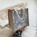 Borsa tote in lino tie-dye blu con lati in iuta e manici in corda intrecciata - Blu